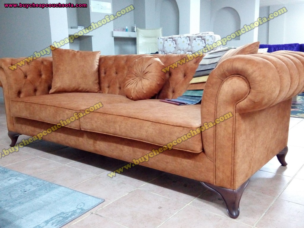 Chesterfield Couch Sofa Velvet Brick Brown Fabric