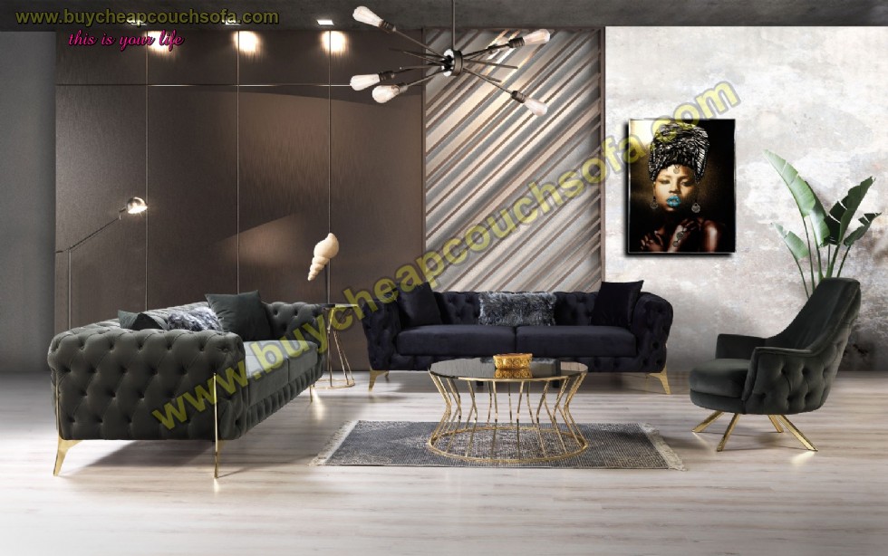 Black Grey Velvet Cheap Sofa Set Modern Luxury Living Room Sofa Set