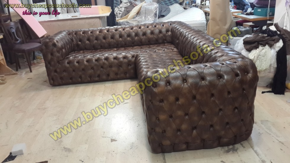 Brown Leather L Shaped Sofa Luxury Handmade Exclusive Corner