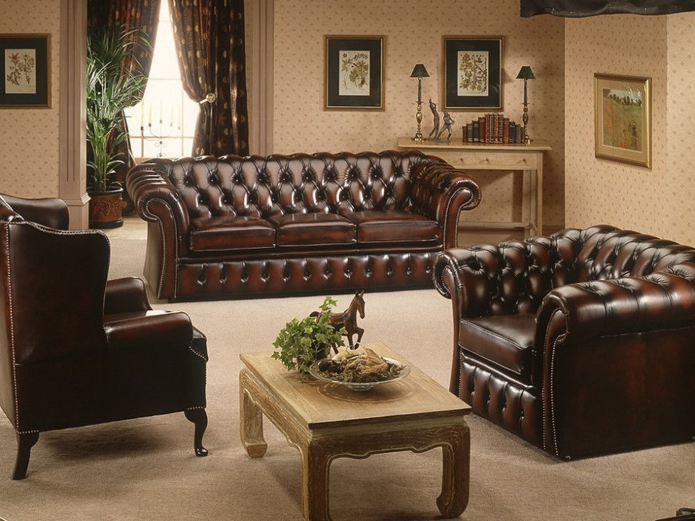 Dark Brown Chesterfield Sofa Set Leather Cheap Luxury With Armchairs