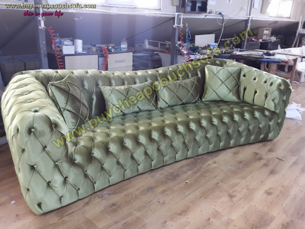 Luxury Chesterfield Sofa Green Velvet 4 Seater Curved Ultra Modern