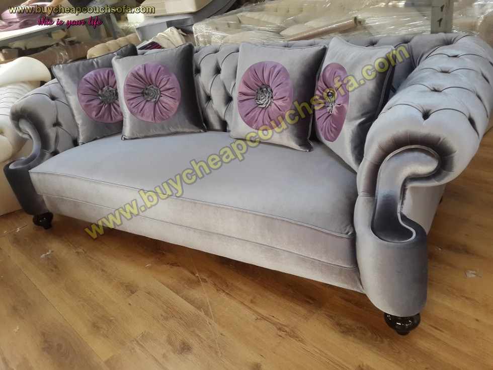 Suit Gray Velvet Luxury Chesterfield Sofa 3 Seats Couch 4 Pillow