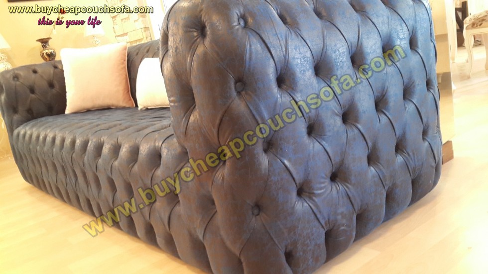 Kodu: 12396 - Blue Leather Sofa Fully Quilted Luxury Navy Blue Chesterfield Sofa