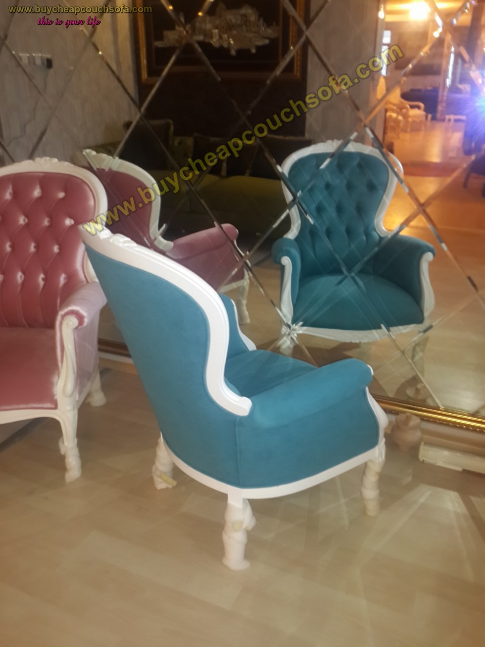 Kodu: 10208 - Blue Pink Accent Chair Armchair Wingback Chair Velvet Wooden Luxury