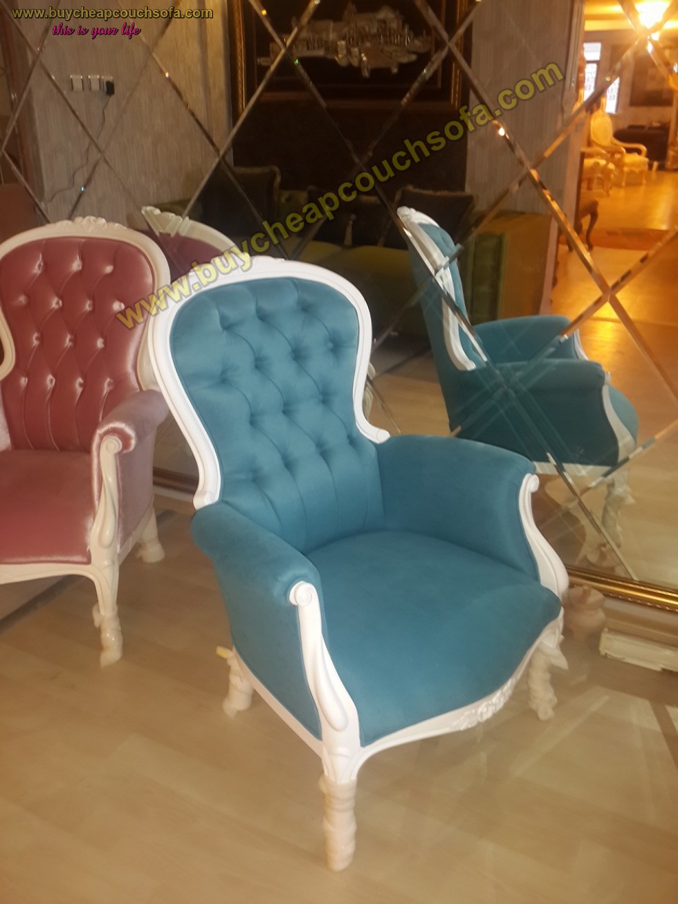 Kodu: 10209 - Blue Pink Accent Chair Armchair Wingback Chair Velvet Wooden Luxury