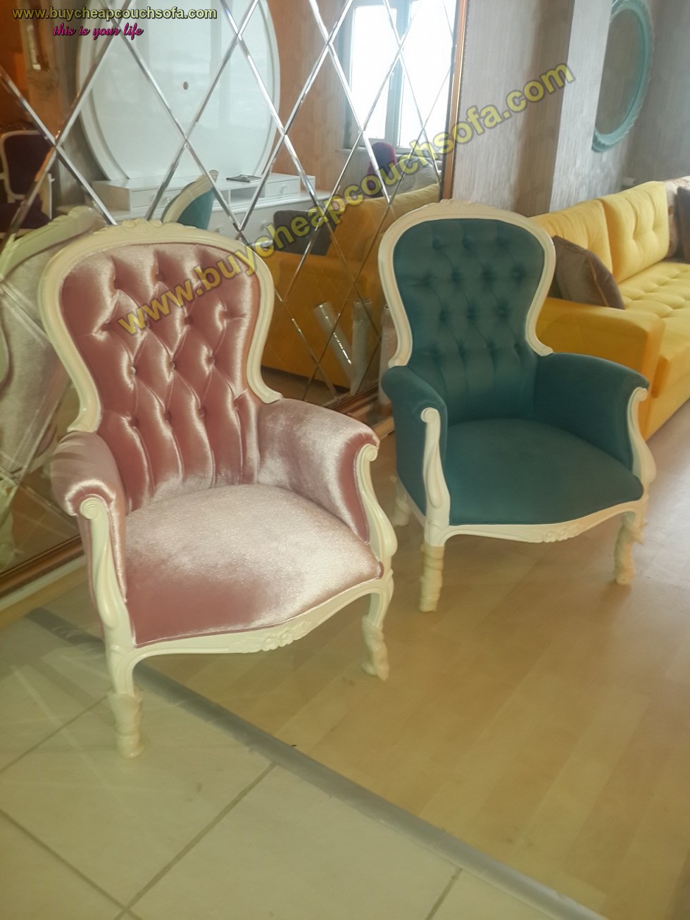 Kodu: 10210 - Blue Pink Accent Chair Armchair Wingback Chair Velvet Wooden Luxury