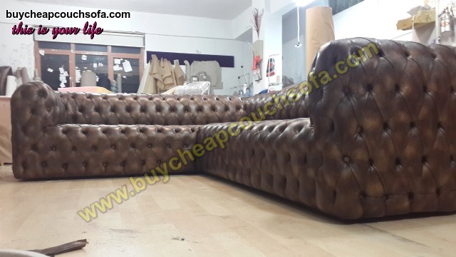 Brown Leather L Shaped Sofa Luxury Handmade Exclusive Corner