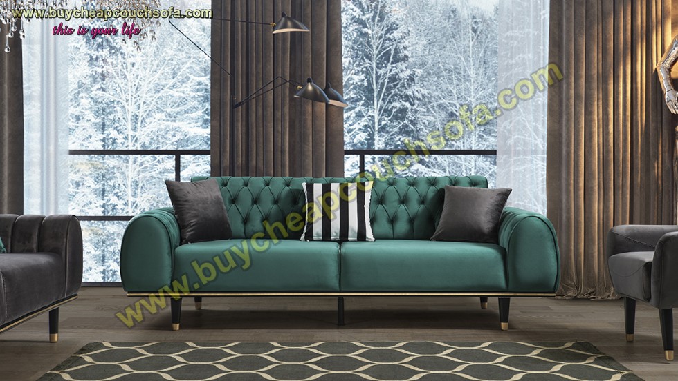 Kodu: 12402 - Green Velvet Sofa Set Cheap Luxury Living Room Sofa Set