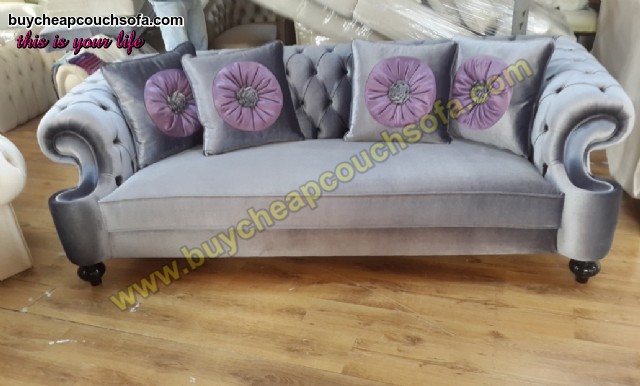 Suit Gray Velvet Luxury Chesterfield Sofa 3 Seats Couch 4 Pillow