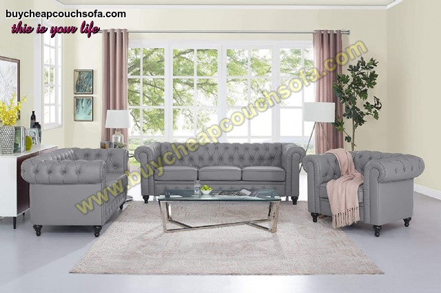 Black Gray Chesterfield Sofa Set With Rolled Arms Luxury Leather
