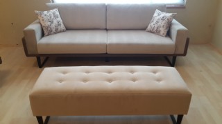 Beige Fabric Sofa With Ottoman Handmade Wooden Frame